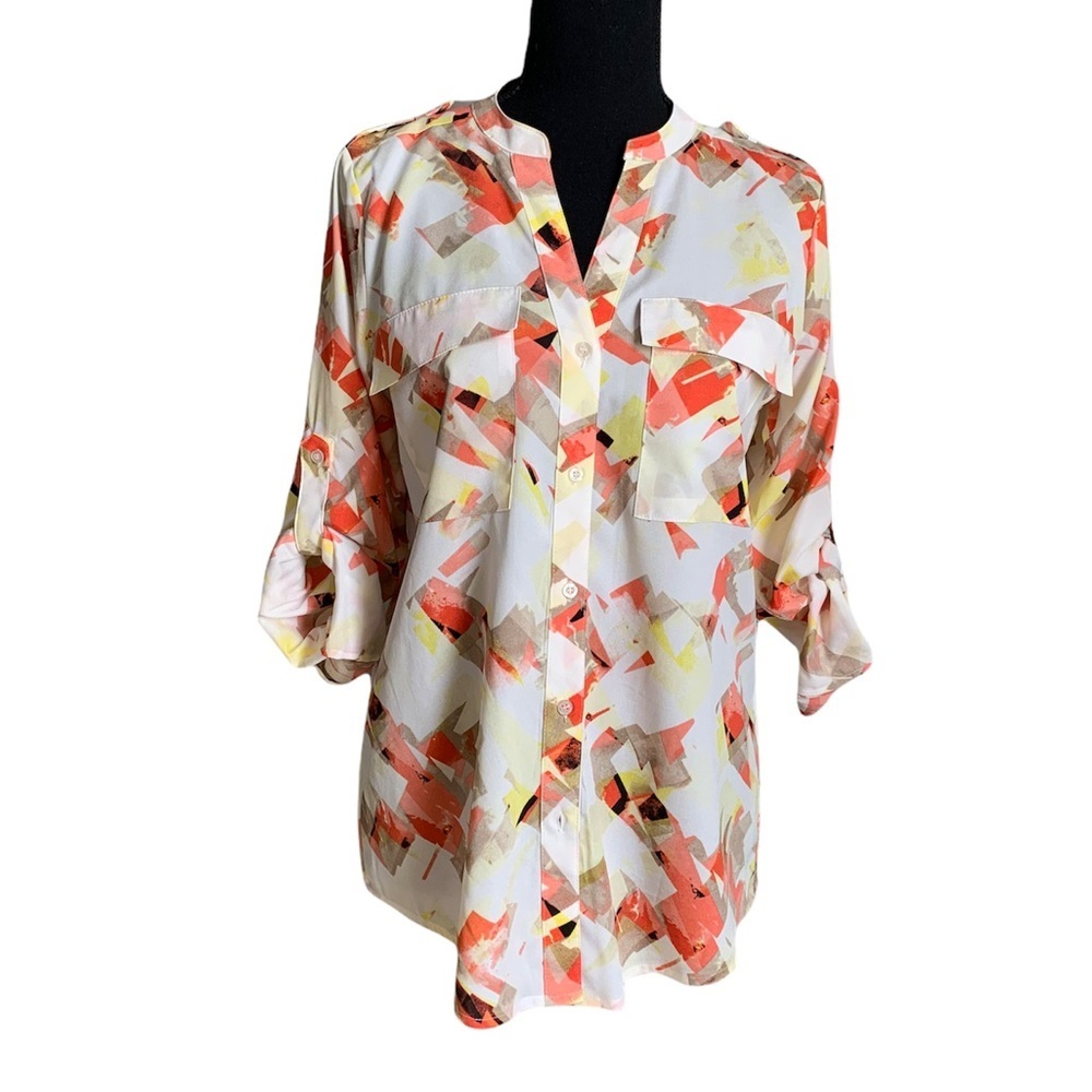 Calvin Klein Split Neckline V- Neck Multicolored Button Down blouse Size XS
